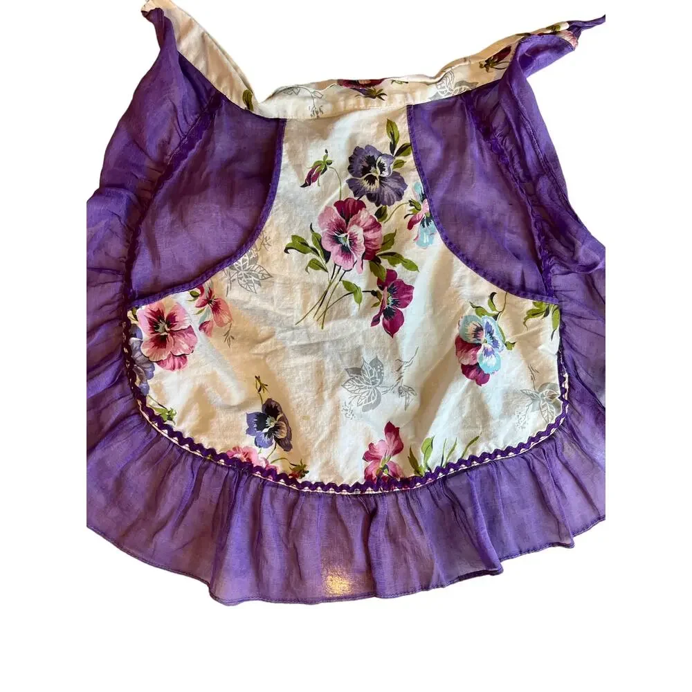 Vintage Pansy Print ruffle half apron ric rac trim